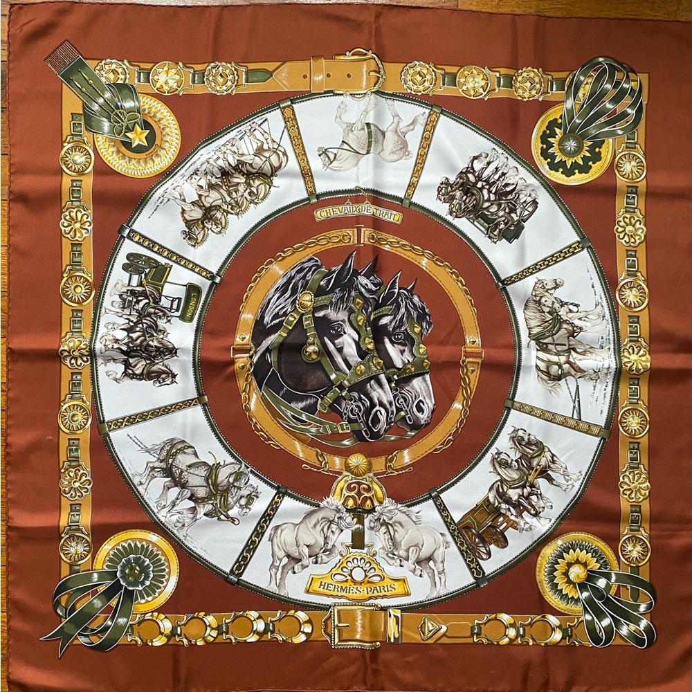 Hermès Vintage Silk Scarf Rare Brown color way Cheveaux de Trait